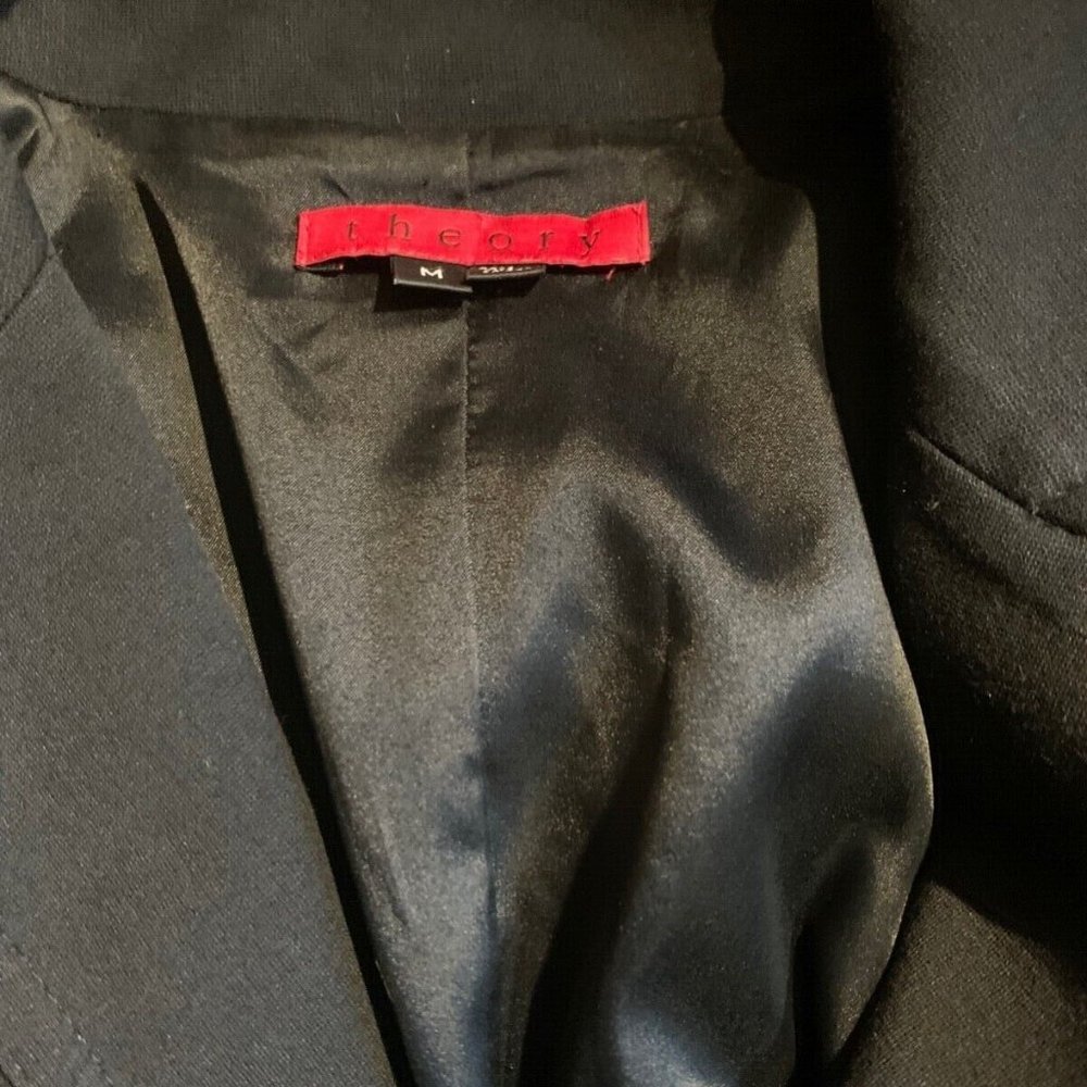 THEORY Black Dress Coat Belted Button Pockets Leather Collar Size Medium - Picture 3 of 6